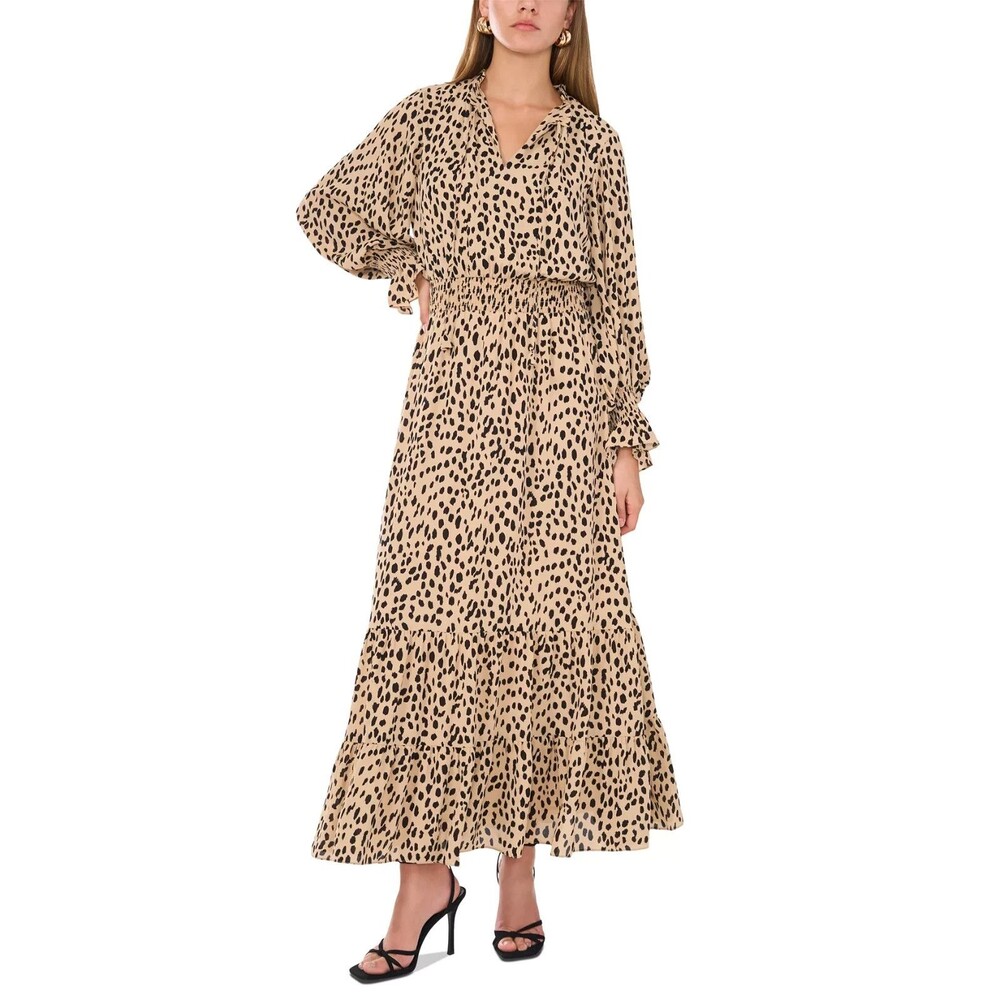 Vince Camuto Women’s Printed Smocked Waist Maxi Dress XS Long Sleeve Boho